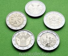 Commemorative Uncirculated 5 x 2 Euro coins.