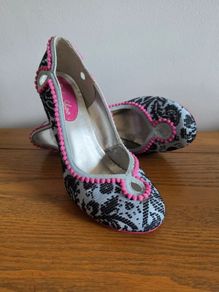 Ruby Shoo Lace Print Heeled Pumps with Pom-Pom Trim Size UK 6 / EU 39