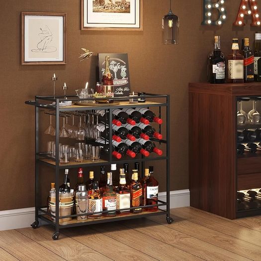Drink Trolley, Bar Cart with Lockable Wheels, 12 Wine Rack and 3 Rows Glass Holders, Kitchen Serving Cocktail Alcohol Trolley for Dining Livingroom, 3 Tier, 80.2 x 33.2 x 86 cm, Rustic Brown
