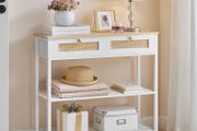 Tier Hallway Table with 2 Flip-Down Drawers and Storage Shelves, 80 cm, Open and Hidden Storage Space, Woven Decoration, White and Natura
