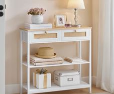 Tier Hallway Table with 2 Flip-Down Drawers and Storage Shelves, 80 cm, Open and Hidden Storage Space, Woven Decoration, White and Natura