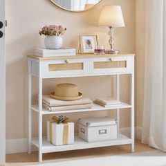 Tier Hallway Table with 2 Flip-Down Drawers and Storage Shelves, 80 cm, Open and Hidden Storage Space, Woven Decoration, White and Natura