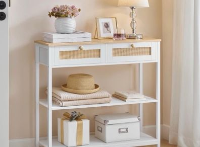 Tier Hallway Table with 2 Flip-Down Drawers and Storage Shelves, 80 cm, Open and Hidden Storage Space, Woven Decoration, White and Natura