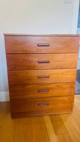Vintage 1960s teak tallboy chest of 5 drawers/ mid-century