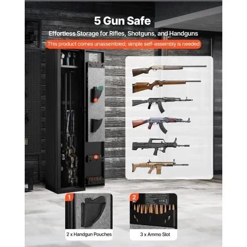 Gun Safe, Heavy Duty Cold-Rolled Steel Rifle Cabinet with Fingerprint & Key, Large Long Gun Cabinet with Magazine and LED, Adjustable Racks for Rifles, Pistols, Shotgun(Assembly Required