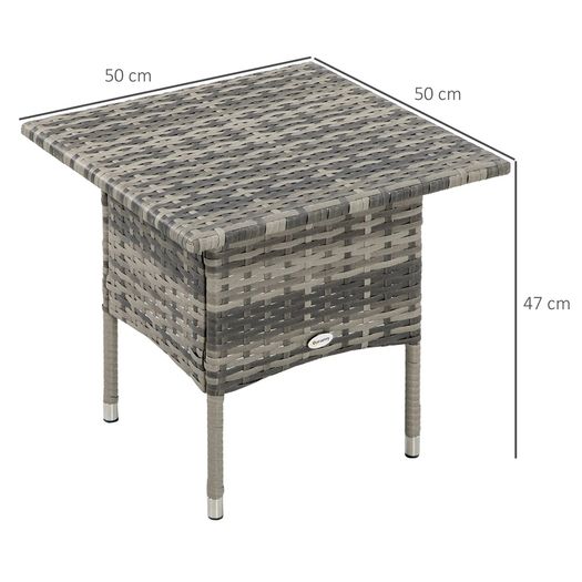 Rattan Side Table, Outdoor Coffee Table with Plastic Board Under the Full Woven Table Top for Patio, Garden, Balcony, Mixed Grey