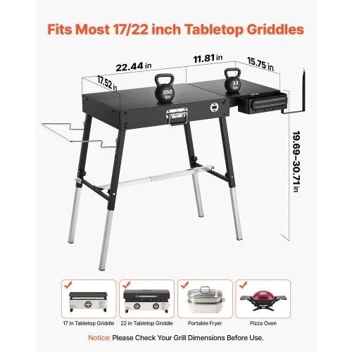 Folding Grill Table 87x45 cm Camping Griddle Stand Fit 43 & 56 cm, for Picnic BBQ Tailgating, Carbon Steel, Adjustable Height, 158 kg, Outdoor Cart with Magnetic Tool Rack and Tissue Holder