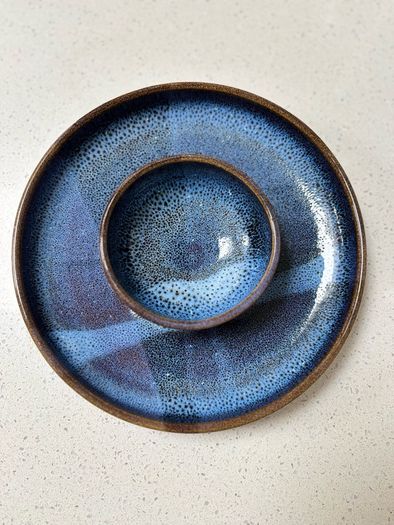 Irish Handmade Ceramic Dip Bowl / Speckled Blue Rustic Stoneware Chip & Crudite Platter