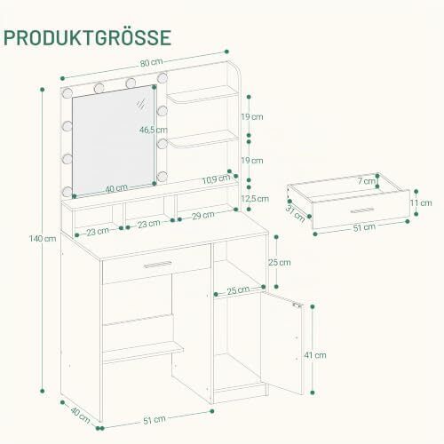 Dressing Table with Mirror and 10 LED Lights, Vanity Unit with 3 Shelves & 4 Open Compartments