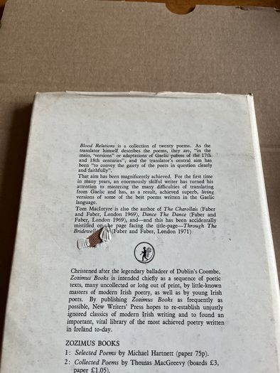 Tom Mac Intyre - Blood Relations. H/B. 1972. Ltd 500 Copies Only. Zozimus Books