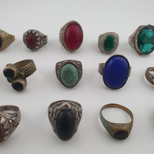 Antique Ring Collection Lot of 15 Mixed Brass & Stone,Glass Antique Style Rings