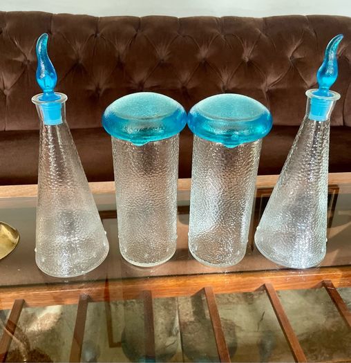 Set of Glass Genie Bottles with Turquoise Blue Flame Stoppers and Tall Containers with Mushroom Lids MCM Retro