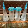 Set of Glass Genie Bottles with Turquoise Blue Flame Stoppers and Tall Containers with Mushroom Lids MCM Retro Image 3