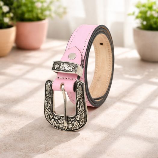 Unisex Premium Pink Genuine Leather Belt Vintage Engraved Silver Buckle