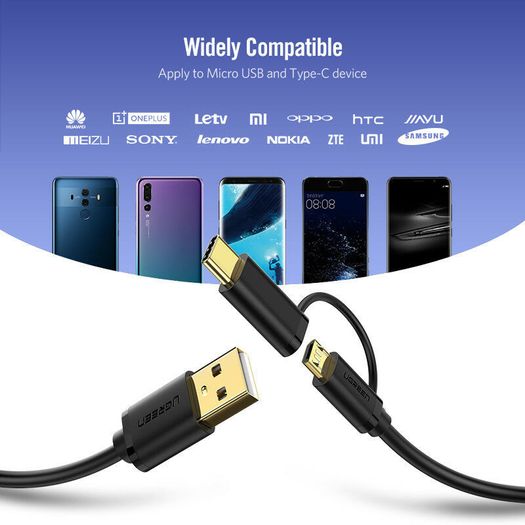 Ugreen 1M 2-in-1 (USB-C & Micro USB) QC 3.0 Fast Charger & Data Sync Gold Plated Cable (Brand New/Warranty)