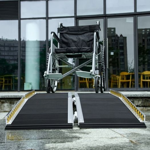 Wheelchair Ramp, 152L x 73Wcm, 272KG Capacity, Folding Aluminium Threshold Ramp with Non-Skid Surface, Transition Plates Above and Below for Home, Steps, Stairs, Curbs, Doorways