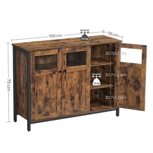 Sideboard vintage brown-black  sideboard, kitchen cabinet, storage cabinet, with glass doors, for living room, kitchen, dining room, steel frame, industrial style, vintage brown-black