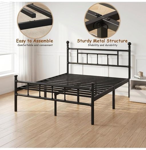 4ft6 Double Bed Frame Heavy Duty Steel Bed with Headboard and Footboard Black Metal Slat Support and 32cm Underbed Storage Space Easy Assembly, No Box Spring Needed, Platform Noise-Free