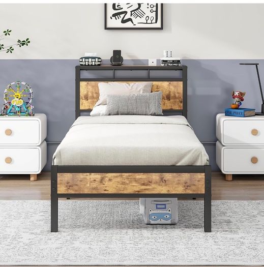 3ft Single Bed Frame with Wooden Storage Headboard, Black Metal Platform, No Box Spring Needed, Noise Free, Reinforced Strong Support Leg,Easy Assembly