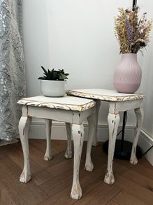 Upcycled French Country Nesting Tables Set Distressed White and Gold
