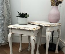 Upcycled French Country Nesting Tables Set Distressed White and Gold