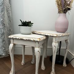 Upcycled French Country Nesting Tables Set Distressed White and Gold