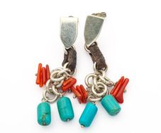 Vintage 925 Sterling Silver Turquoise & Carnelian Stud Earrings