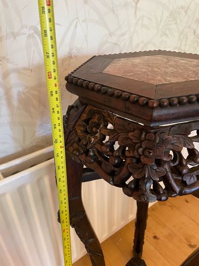 Antique Carved Oriental Plant / Lamp Table with Marble Top