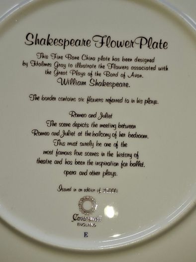 2 Beautiful Romeo and Juliet and the Twelfth Night Shakespeare Flower Plates Caverswall England, no chips or cracks, Postal Available or Collection
