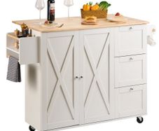 Island Cart with Solid Wood Top, 115 cm Width Mobile Carts with Storage Cabinet, Rolling Kitchen Table with Spice Rack, Towel Rack, Drop Leaf