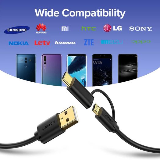 Ugreen 1M 2-in-1 (USB-C & Micro USB) QC 3.0 Fast Charger & Data Sync Gold Plated Cable (Brand New/Warranty)