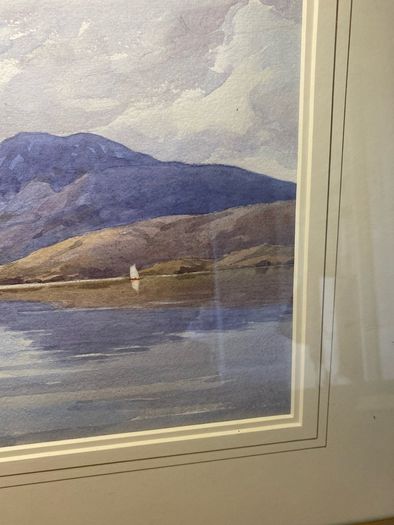 Vintage watercolour Painting Lake & Mountain Scene