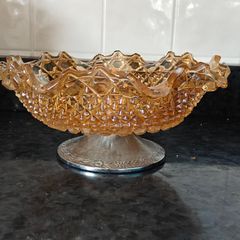 Stunning Vintage Carnival Glass Bowl Marigold on Metal Stand
