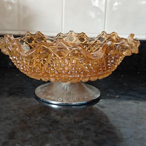 Stunning Vintage Carnival Glass Bowl Marigold on Metal Stand