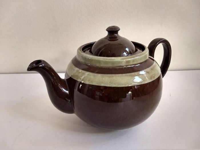 Fabulous Mid-Large Brown Betty Teapot, by Alcock, Lindley and Bloore, With Mint Green Mottled Stripes, Holds One Litre/ 1.75 Pints