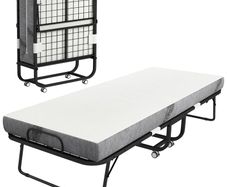 Folding single bed 200 x 80 cm with mattress, portable folding guest bed on casters, steel frame, white
