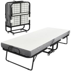 Folding single bed 200 x 80 cm with mattress, portable folding guest bed on casters, steel frame, white