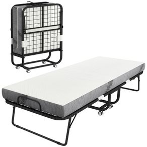 Folding single bed 200 x 80 cm with mattress, portable folding guest bed on casters, steel frame, white