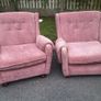 This is a vintage mid-century blush pink dralon armchair with button-tufted back detailing from the 1970s. Image 2