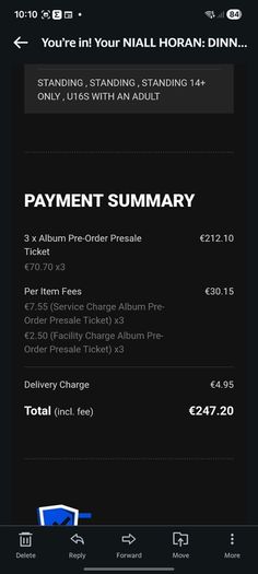 Niall Horan Tickets - 3 x Standing Tues 10th Nov