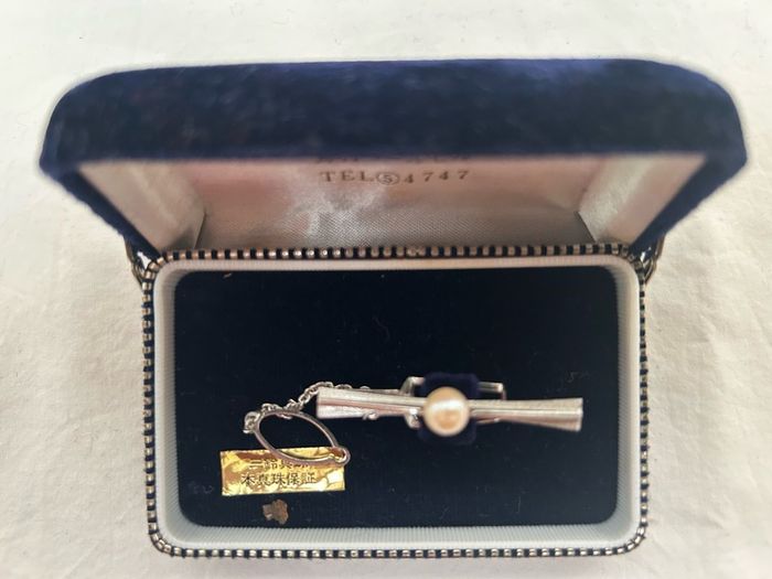 Vintage Japanese Misuzu Genuine Pearl SILVER Tie Clip Bar Boxed Toba Japan