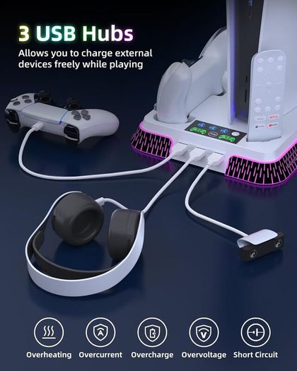 Cooling Station and Console Stand for PS5/Pro/Slim, Dual Controller Charging Station with Ambient RGB Lighting for PlayStation 5, PS5 Stand Controller Charger for Disc & Digital with Cooling Fan