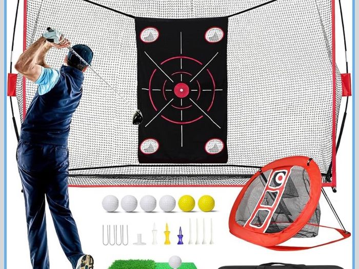 Golf Net, 10x7ft Practice Net with Chipping Nets, Gifts for Golfer Golf Hitting Aid Nets for Backyard Training with Chipping Nets, Foldable Mat, Silk Target, 8 Tees, 6 Balls, Carry Bag