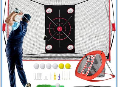 Golf Net, 10x7ft Practice Net with Chipping Nets, Gifts for Golfer Golf Hitting Aid Nets for Backyard Training with Chipping Nets, Foldable Mat, Silk Target, 8 Tees, 6 Balls, Carry Bag