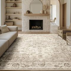 Vintage Rugs Living Room Beige Large Area Rug 200x300cm Non Slip Washable Hall Lounge Bedroom Kitchen Office Dining Room Indoor Carpet Low Pile Big Carpets