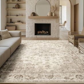 Vintage Rugs Living Room Beige Large Area Rug 200x300cm Non Slip Washable Hall Lounge Bedroom Kitchen Office Dining Room Indoor Carpet Low Pile Big Carpets