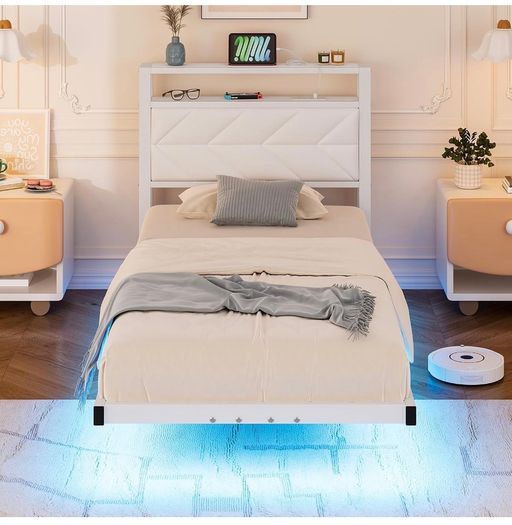 ingle Floating Upholstered Bed Frame with Storage Headboard, White Metal Bed Frame with LED Lights and Charging Station, Heavy Duty Metal Slat Support, Noise Free, No Box Spring Needed