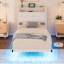 ingle Floating Upholstered Bed Frame with Storage Headboard, White Metal Bed Frame with LED Lights and Charging Station, Heavy Duty Metal Slat Support, Noise Free, No Box Spring Needed Image 9