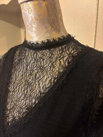 Mint Velvet - Black V Neck Top with Black Lace Sleeves and Neckline Size Medium