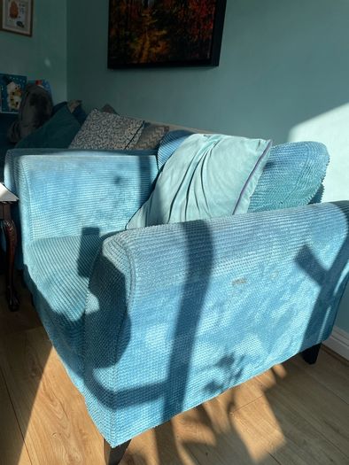 Blue 2 seater couch , single couch and footstool